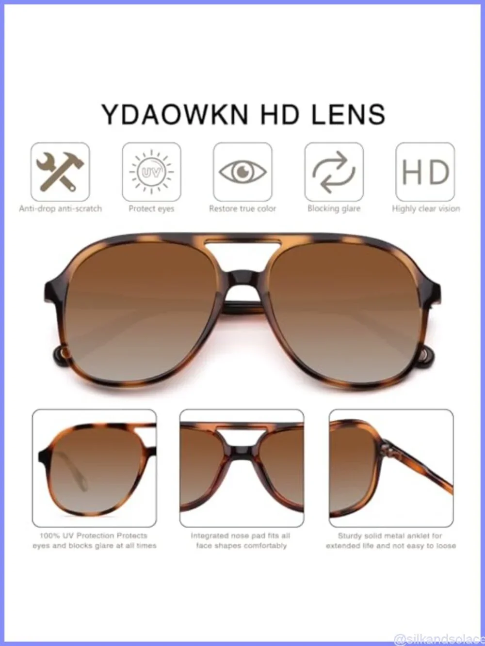 Retro Aviator Sunglasses UV400 Double Bridge Square Frames Unisex Eyewear